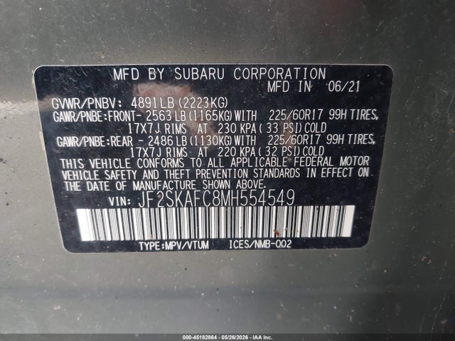 45182864 :رقم المزاد ، JF2SKAFC8MH554549 vin ، 2021 Subaru Forester Premium مزاد بيع