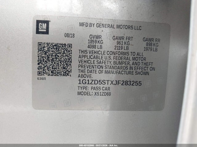 Продаж на аукціоні авто 2018 Chevrolet Malibu Lt, vin: 1G1ZD5STXJF283255, номер лоту: 45182866