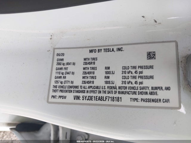 Aukcja sprzedaży 2020 Tesla Model 3 Standard Range Plus Rear-wheel Drive/standard Range Rear-wheel Drive, vin: 5YJ3E1EA8LF718181, numer aukcji: 45182870