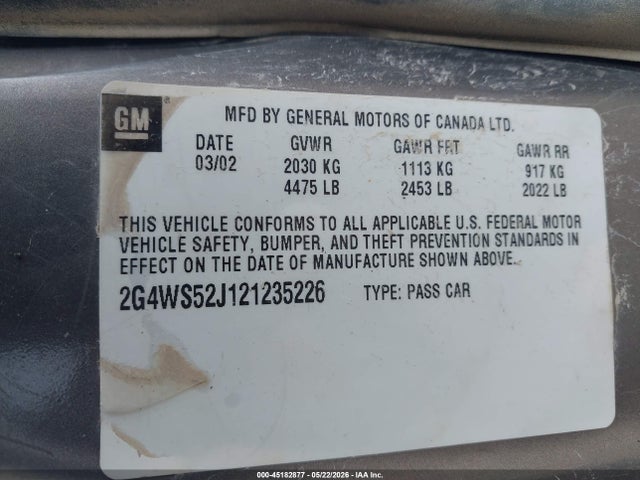 Aukcja sprzedaży 2002 Buick Century Custom, vin: 2G4WS52J121235226, numer aukcji: 45182877