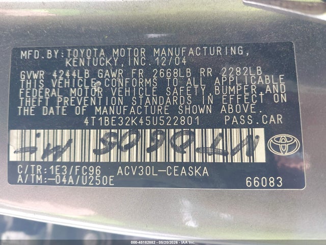 Aukcja sprzedaży 2005 Toyota Camry Se, vin: 4T1BE32K45U522801, numer aukcji: 45182882