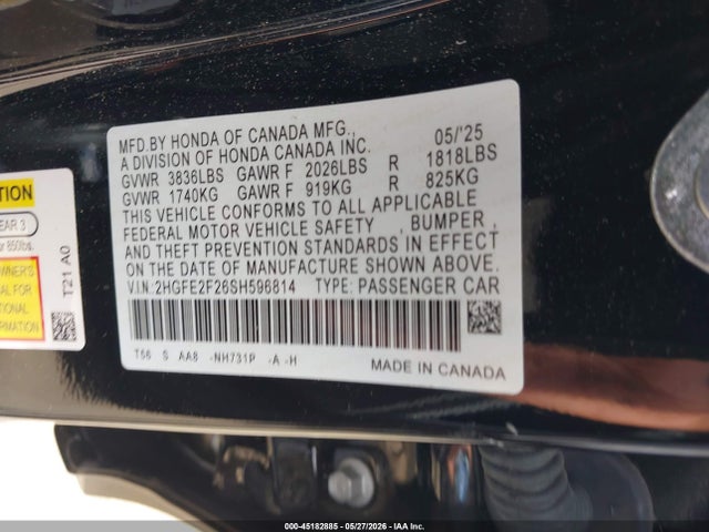 45182885 :رقم المزاد ، 2HGFE2F26SH596814 vin ، 2025 Honda Civic Lx مزاد بيع