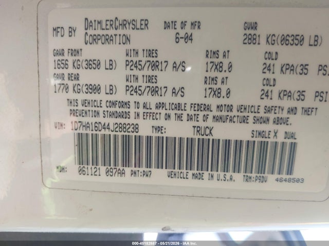 Aukcja sprzedaży 2004 Dodge Ram 1500 St, vin: 1D7HA16D44J288238, numer aukcji: 45182887