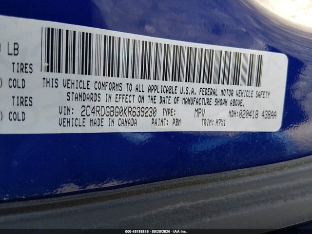 Aukcja sprzedaży 2019 Dodge Grand Caravan Se, vin: 2C4RDGBG0KR639230, numer aukcji: 45182888