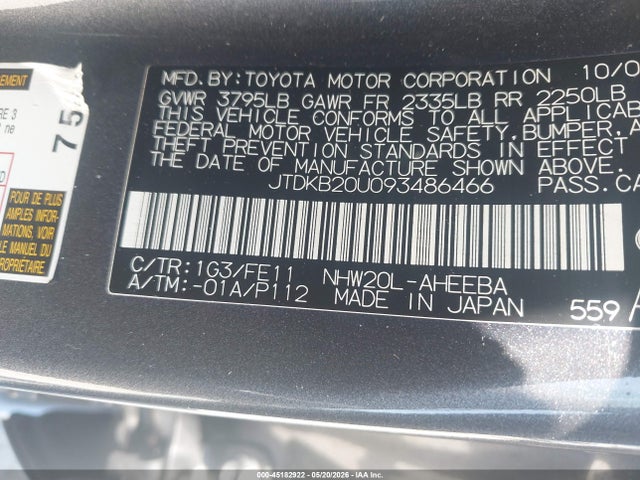 Aukcja sprzedaży 2009 Toyota Prius, vin: JTDKB20U093486466, numer aukcji: 45182922