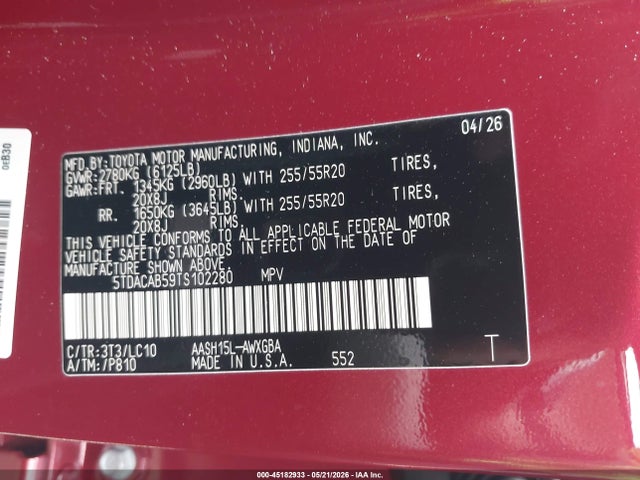 5TDACAB59TS102280 Toyota Grand Highlander Hybrid Limited