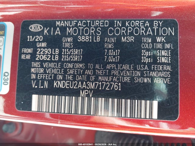 Aukcja sprzedaży 2021 Kia Seltos S, vin: KNDEU2AA3M7172761, numer aukcji: 45182941