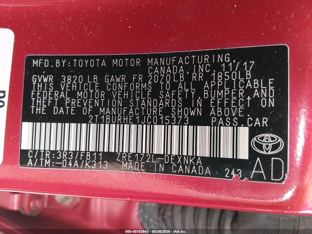 Aukcja sprzedaży 2018 Toyota Corolla Le, vin: 2T1BURHE1JC015373, numer aukcji: 45182943