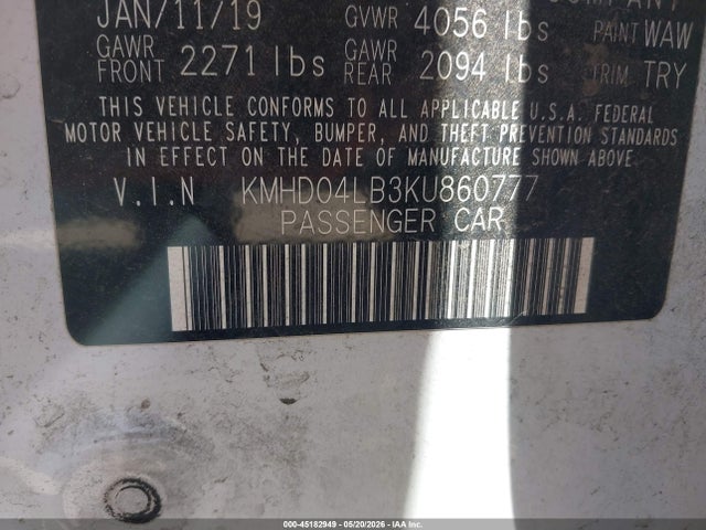 Продажа на аукционе авто 2019 Hyundai Elantra Sport, vin: KMHD04LB3KU860777, номер лота: 45182949