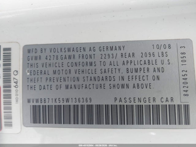 Продажа на аукционе авто 2009 Volkswagen Rabbit S, vin: WVWBB71K59W136369, номер лота: 45182954