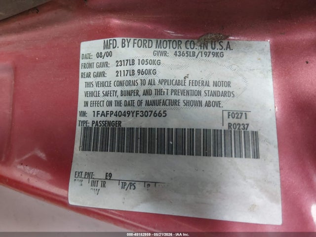 2000 Ford Mustang მანქანა იყიდება აუქციონზე, vin: 1FAFP4049YF307665, აუქციონის ნომერი: 45182959