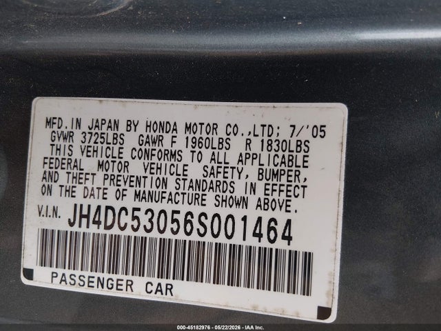 2006 Acura Rsx Type S მანქანა იყიდება აუქციონზე, vin: JH4DC53056S001464, აუქციონის ნომერი: 45182976