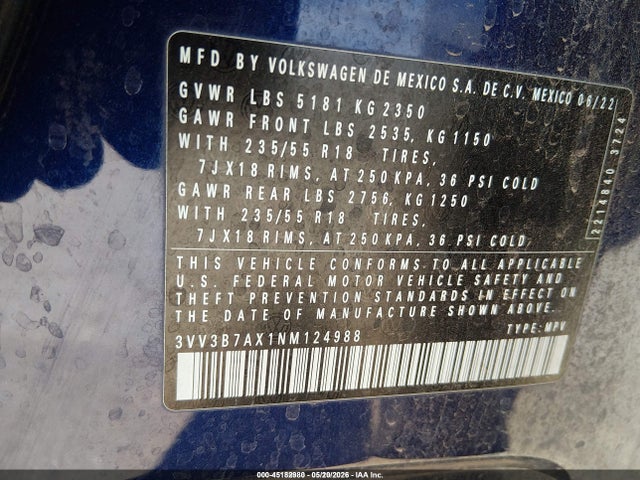 45182980 :رقم المزاد ، 3VV3B7AX1NM124988 vin ، 2022 Volkswagen Tiguan 2.0t Se مزاد بيع