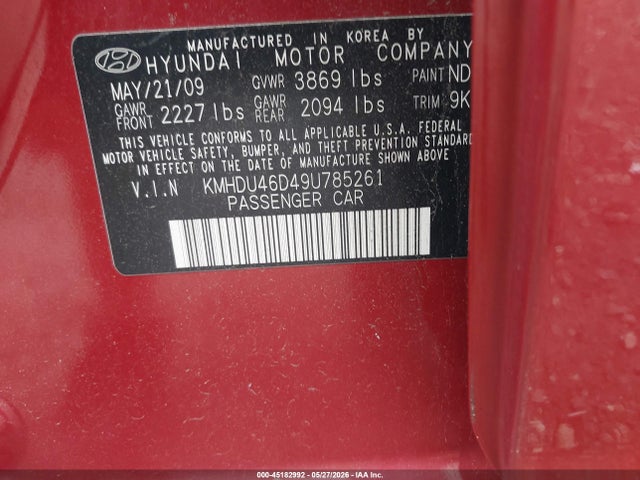 Aukcja sprzedaży 2009 Hyundai Elantra Gls, vin: KMHDU46D49U785261, numer aukcji: 45182992