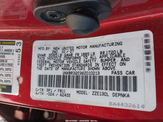 Продажа на аукционе авто 2008 Toyota Corolla Le, vin: 1NXBR32E98Z010213, номер лота: 45183007