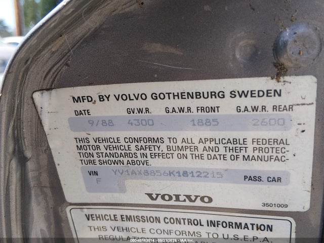 1989 Volvo 245 Dl/gl მანქანა იყიდება აუქციონზე, vin: YV1AX8856K1812215, აუქციონის ნომერი: 45183014