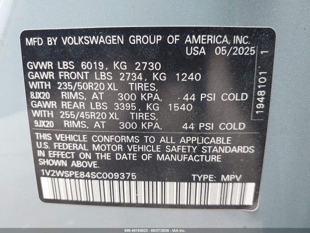 Продаж на аукціоні авто 2025 Volkswagen Id.4 Awd Pro S, vin: 1V2WSPE84SC009375, номер лоту: 45183023