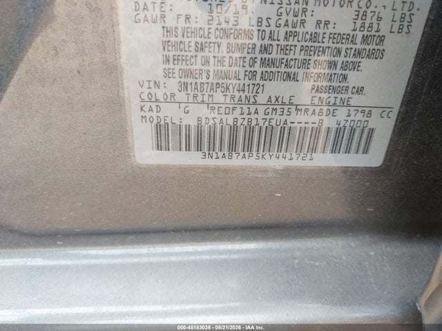 Aukcja sprzedaży 2019 Nissan Sentra S, vin: 3N1AB7AP5KY441721, numer aukcji: 45183028