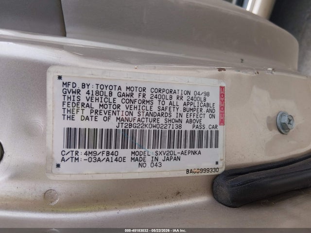 Продажа на аукционе авто 1998 Toyota Camry Le, vin: JT2BG22K0W0227138, номер лота: 45183032