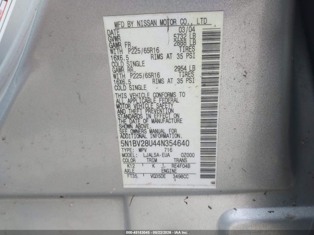 45183045 :رقم المزاد ، 5N1BV28U44N354640 vin ، 2004 Nissan Quest 3.5 S مزاد بيع