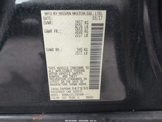 Продаж на аукціоні авто 2017 Nissan Altima 2.5 S, vin: 1N4AL3AP6HN347930, номер лоту: 45183061