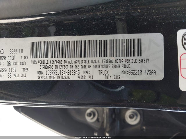 Продажа на аукционе авто 2019 Ram 1500 Laramie  4x2 5'7 Box, vin: 1C6RREJT3KN912945, номер лота: 45183062