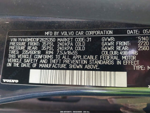 45183073 :رقم المزاد ، YV449MDC9F2625350 vin ، 2015 Volvo Xc60 T6 Premier Plus مزاد بيع