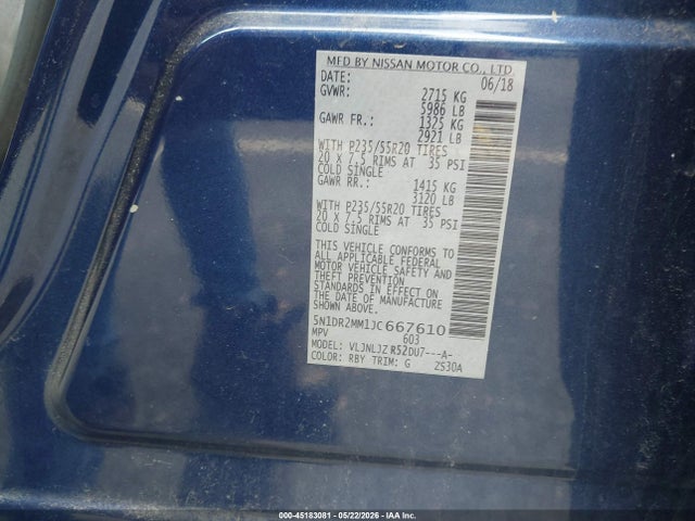 Aukcja sprzedaży 2018 Nissan Pathfinder Platinum, vin: 5N1DR2MM1JC667610, numer aukcji: 45183081
