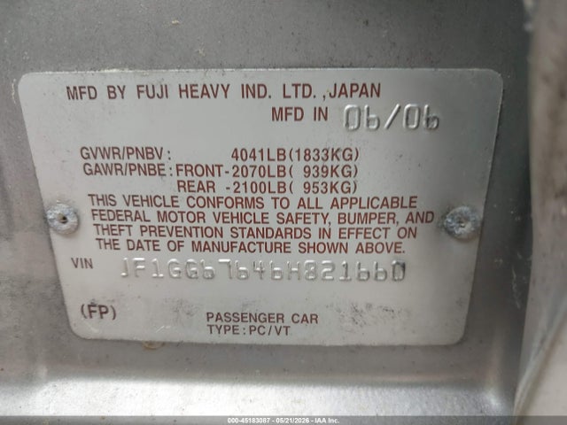 45183087 :رقم المزاد ، JF1GG67646H821660 vin ، 2006 Subaru Impreza 2.5i مزاد بيع