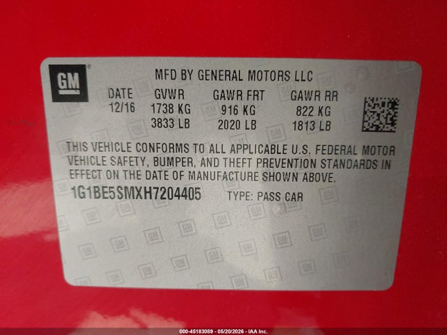 1G1BE5SMXH7204405 Chevrolet Cruze Lt Auto