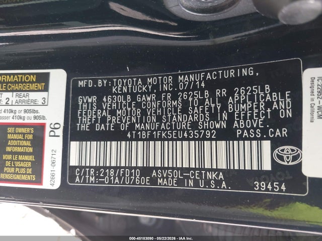 Продаж на аукціоні авто 2014 Toyota Camry Le, vin: 4T1BF1FK5EU435792, номер лоту: 45183090