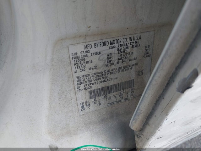45183091 :رقم المزاد ، 1FTPW14584KA01142 vin ، 2004 Ford F-150 Fx4/lariat/xlt مزاد بيع