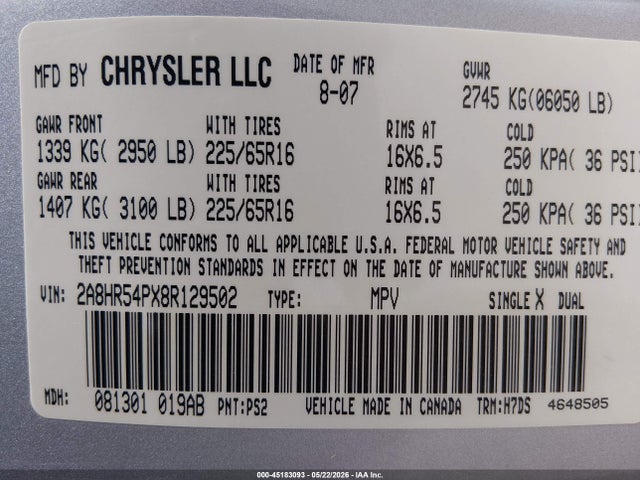Продаж на аукціоні авто 2008 Chrysler Town & Country Touring, vin: 2A8HR54PX8R129502, номер лоту: 45183093