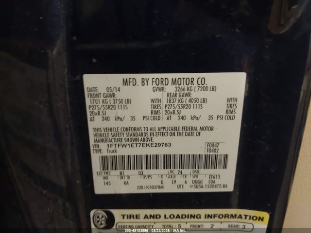 45183096 :رقم المزاد ، 1FTFW1ET7EKE29763 vin ، 2014 Ford F-150 King Ranch مزاد بيع