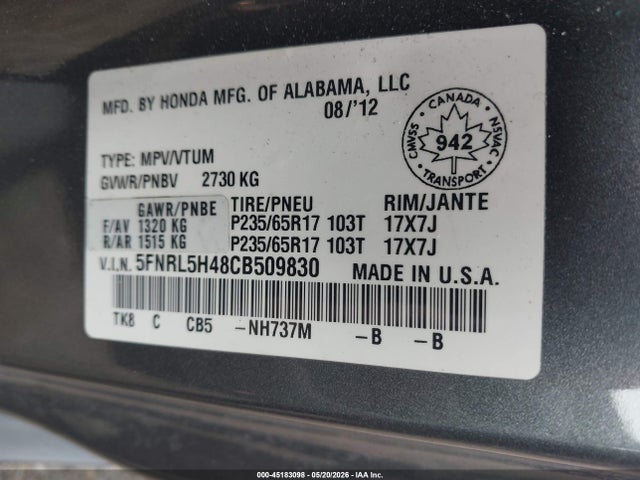 2012 Honda Odyssey Ex მანქანა იყიდება აუქციონზე, vin: 5FNRL5H48CB509830, აუქციონის ნომერი: 45183098