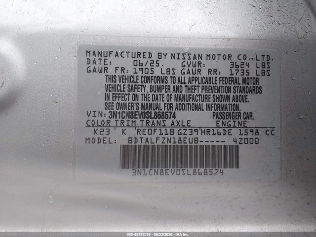 Продаж на аукціоні авто 2025 Nissan Versa 1.6 Sv, vin: 3N1CN8EV0SL868574, номер лоту: 45183099