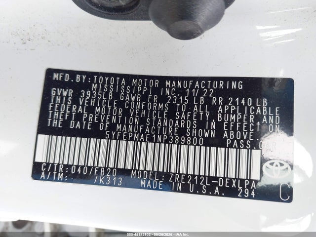 Продаж на аукціоні авто 2022 Toyota Corolla Le, vin: 5YFEPMAE1NP389800, номер лоту: 45183102