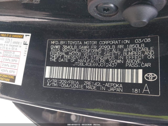 Продажа на аукционе авто 2009 Toyota Corolla Le, vin: JTDBL40E69J012437, номер лота: 45183113