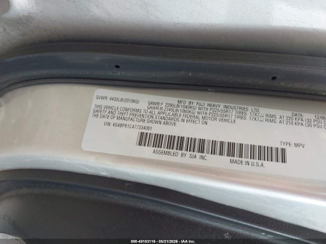 45183116 :رقم المزاد ، 4S4BP61C477334061 vin ، 2007 Subaru Outback 2.5i مزاد بيع