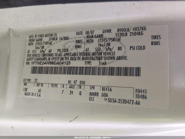 2008 Ford E-250 Commercial/recreational მანქანა იყიდება აუქციონზე, vin: 1FTNE24W88DA04125, აუქციონის ნომერი: 45183119