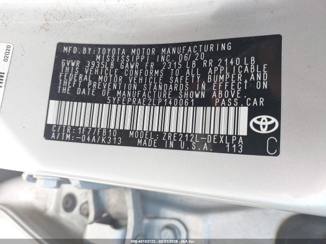 Продажа на аукционе авто 2020 Toyota Corolla Le, vin: 5YFEPRAE2LP140061, номер лота: 45183122