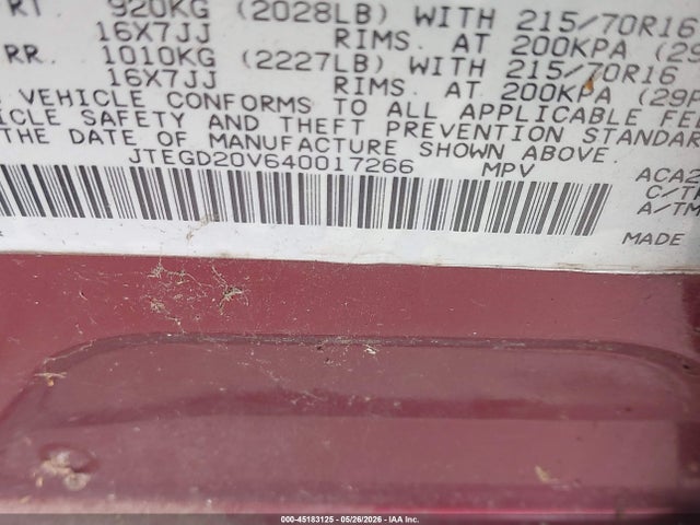 Продаж на аукціоні авто 2004 Toyota Rav4, vin: JTEGD20V640017266, номер лоту: 45183125