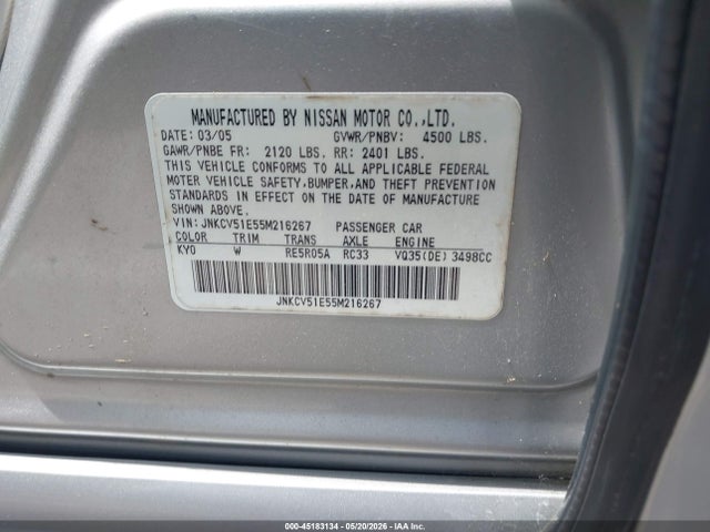 45183134 :رقم المزاد ، JNKCV51E55M216267 vin ، 2005 Infiniti G35 مزاد بيع