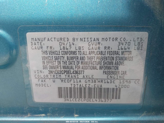3N1CE2CP0EL436377 Nissan Versa Note Sv