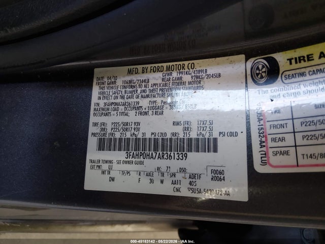 45183142 :رقم المزاد ، 3FAHP0HA7AR361339 vin ، 2010 Ford Fusion Se مزاد بيع