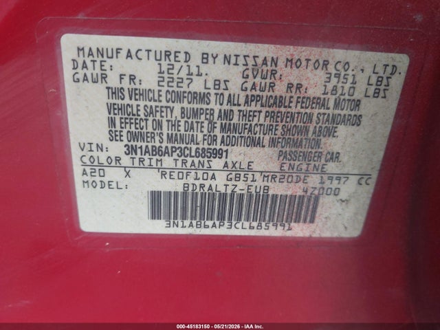 Продаж на аукціоні авто 2012 Nissan Sentra 2.0 Sr, vin: 3N1AB6AP3CL685991, номер лоту: 45183150
