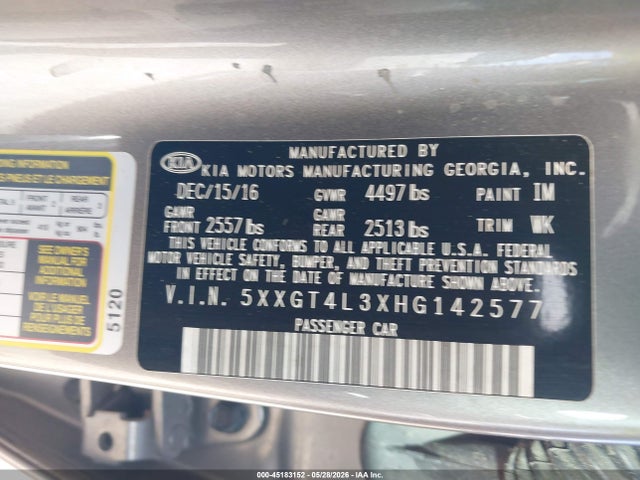 45183152 :رقم المزاد ، 5XXGT4L3XHG142577 vin ، 2017 Kia Optima Lx مزاد بيع