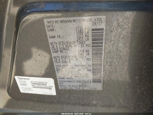 Продажа на аукционе авто 2018 Nissan Pathfinder Sv, vin: 5N1DR2MN2JC607022, номер лота: 45183155