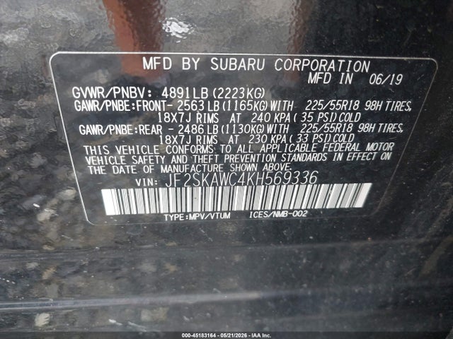Продаж на аукціоні авто 2019 Subaru Forester Touring, vin: JF2SKAWC4KH569336, номер лоту: 45183164