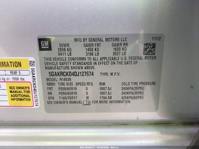 Aukcja sprzedaży 2013 Buick Enclave Leather, vin: 5GAKRCKD4DJ127674, numer aukcji: 45183177